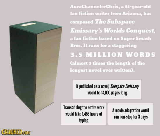 AuraChannelerChris, a 21-year-old fan fiction writer from Arizona, has composed The Subspace Emissary's Worlds Conquest, fan fiction based a on Super