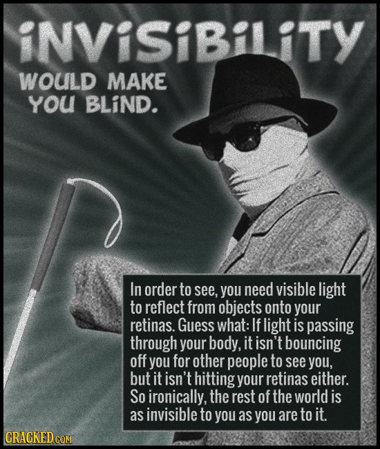 iNVISiBiliTY wouLd MAKE you BLiND. In order to see, you need visible light to reflect from objects onto your retinas. Guess what: If light is passing