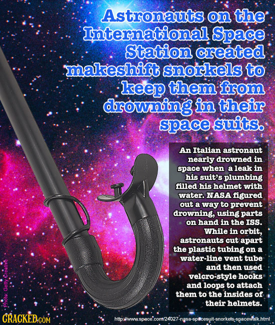 Astronauts on the International Space Station created makeshift snorkels to keep them from drowning in their space suits. An Italian astronaut nearly