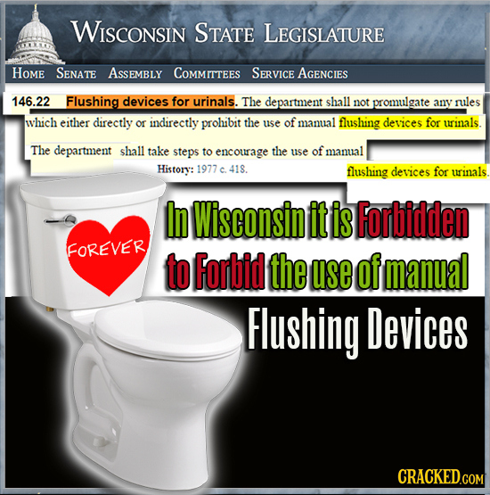WISCONSIN STATE LEGISLATURE HOME SENATE ASsEMBLY COMMITTEES SERVICE AGEnCIES 146.22 Flushing devices for urinals. The department shall not promulgate