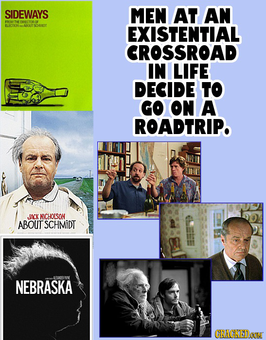 SIDEWAYS MEN AT AN ERr ne ELECTIONNNABOUT SOHUNOT EXISTENTIAL CROSSROAD IN LIFE DECIDE TO GO ON A ROADTRIP. JACK NICHOLSON ABOUT SCHMIDT AUNE PONE NEB