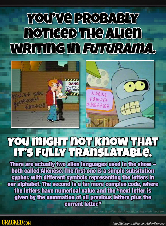 YOUVE PROBABLY NoTICED THE ALIEN WRITING In FUTURAMA DANG GONSTRU AREA Ra 4se. F VAuvse asrreot o190 n$O0 you MIGHT nOT Know THAT IT'S FULLY TRANSLATA