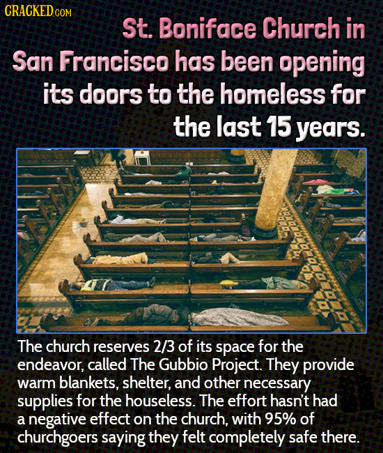 CRACKEDc COM St. Boniface Church in San Francisco has been opening its doors to the homeless for the last 15 years. The church reserves 2/3 of its spa