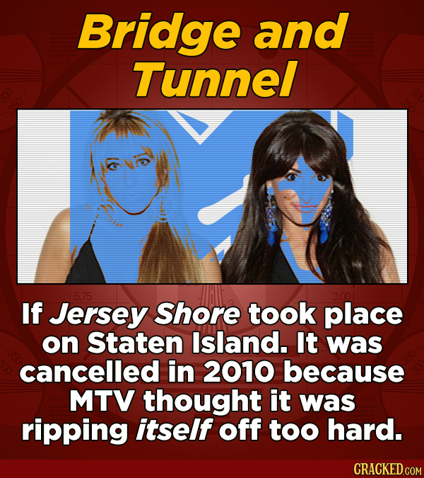Bridge and Tunnel 5.75 3.001 If Jersey Shore took place on Staten Island. It was cancelled in 2010 because MTV thought it was ripping itself off too h