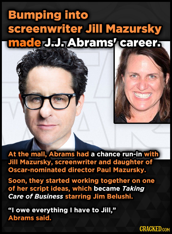 Bumping into screenwriter Jill Mazursky made J.J. Abrams' careers At the mall, Abrams had a chance run-in with Jill Mazursky, screenwriter and daughte