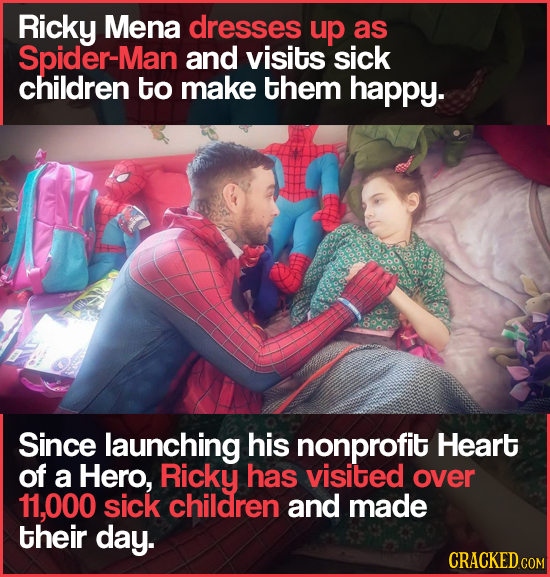 Ricky Mena dresses up as Spider-Man and visits sick children to make them happy. Since launching his nonprofit Heart of a Hero, Ricky has visited over