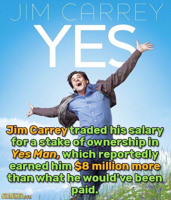JIM CARREY YES Jim Carrey traded his salary for a stake of ownership in Yes Man, which reportedly earned him $8 million more than what he would've bee