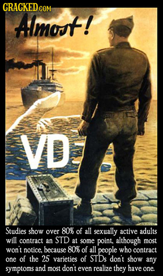CRACKED CON Almout! VD Studies show over 80% of all sexually active adults will contract an STD at some point, although most won't notice because 80%