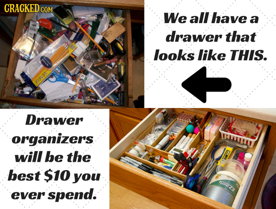 CRACKED c COM We all have a drawer that looks like THIS. lokfo Drawer organizers OLLLLI will be the best $10 you ZA ever spend.
