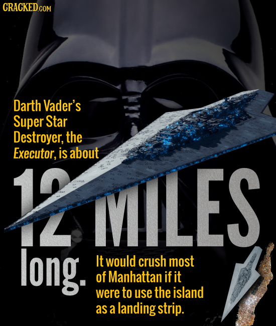 Darth Vader's Super Star Destroyer, the Executor, is about IVILES L long. It would crush most of Manhattan if it were to use the island as a landing s