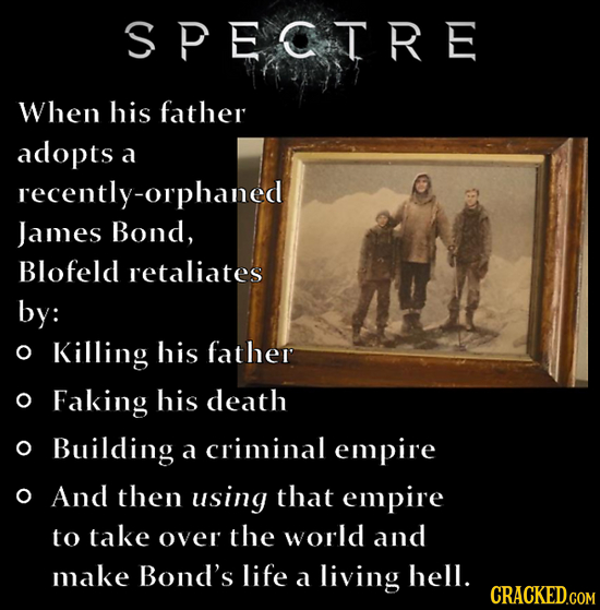 SPECT RE When his father adopts a recently-orphaned James Bond, Blofeld retaliates by: O Killing his father O Faking his death O Building a criminal e