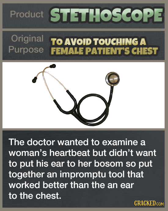 Product STETHOSCOPE Original TO AVOID TOUCHING A Purpose FEMALE PATIENT'S CHEST The doctor wanted to examine a woman's heartbeat but didn't want to pu