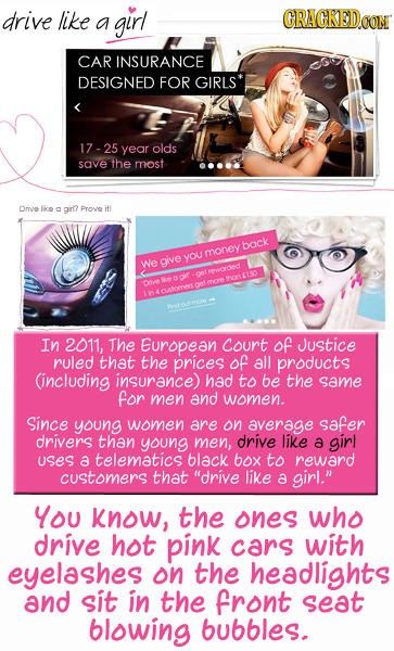 drive like CRAGKED a girl CAR INSURANCE DESIGNED FOR GIRLS 17 -25 year olds save the most Drive Bce gir? a Prove it! back you money We give rowoyood l