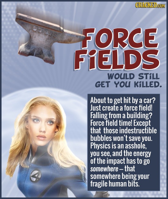 OUS FORCE FIELDS WOULD STiLL GET YoU KiLLED. About to get hit by a car? Just create a force field! Falling from a building? Force field time! Except t