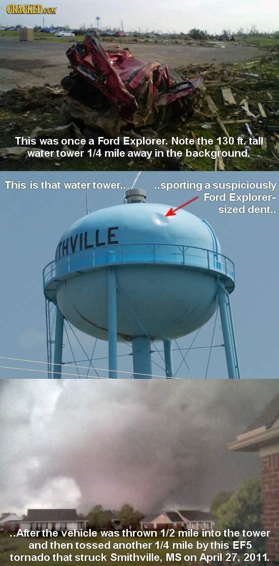 CRACKEDCON This was once a Ford Explorer. Note the 130 ft. tall water tower 1/4 mile away in the background. This is that water tower.. ..sporting a s