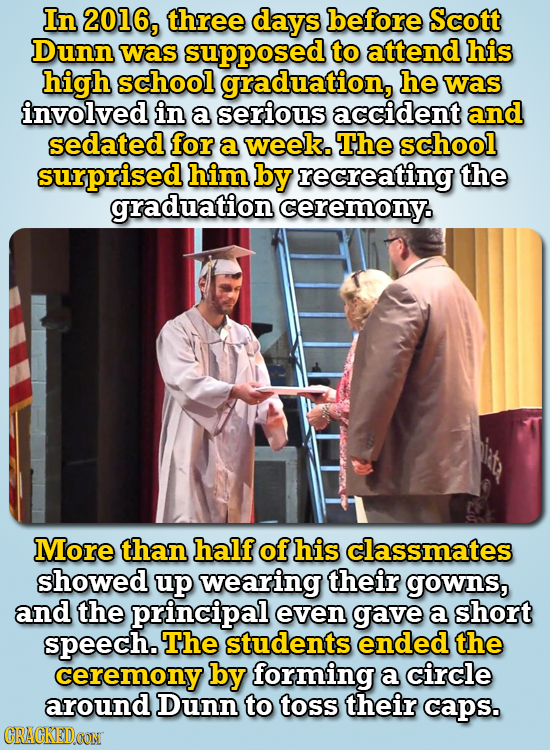 In 2016, three days before Scott Dunn was supposed to attend his high school graduation, he was involved in a serious accident and sedated for a week.