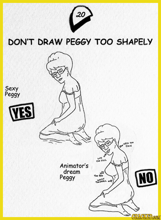 20 DON'T DRAW PEGGY TOO SHAPELY Sexy Peggy YES ae NECK YHIN FVL Animator's dream Peggy NO CRACKEDCOMT