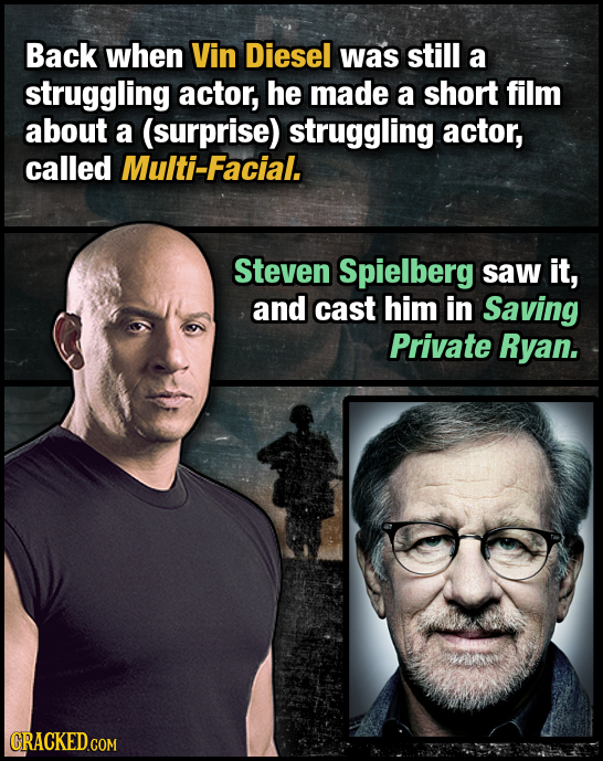Back when Vin Diesel was still a struggling actor, he made a short film about a (surprise) struggling actor, called Multi-Facial. Steven Spielberg saw
