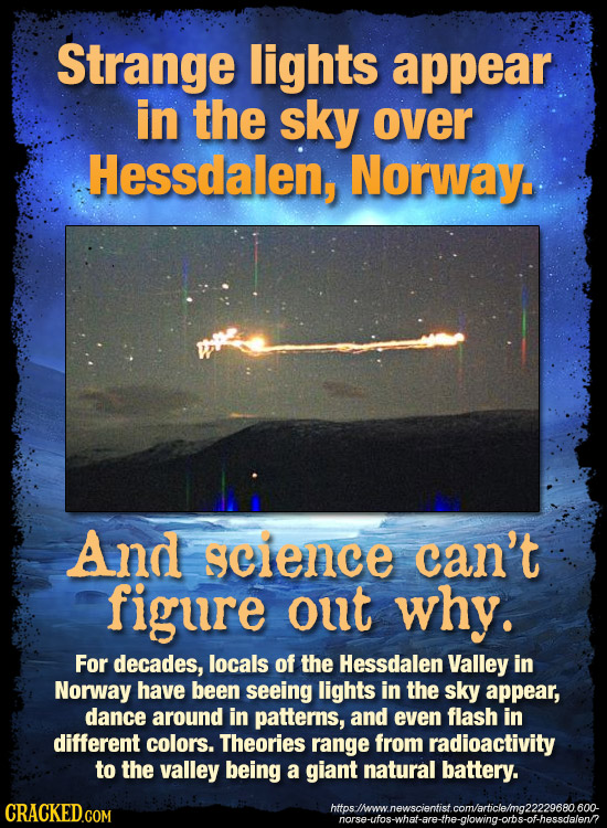 Strange lights appear in the sky over Hessdalen, Norwvay. And science can't figure out why. For decades, locals of the Hessdalen Valley in Norway have