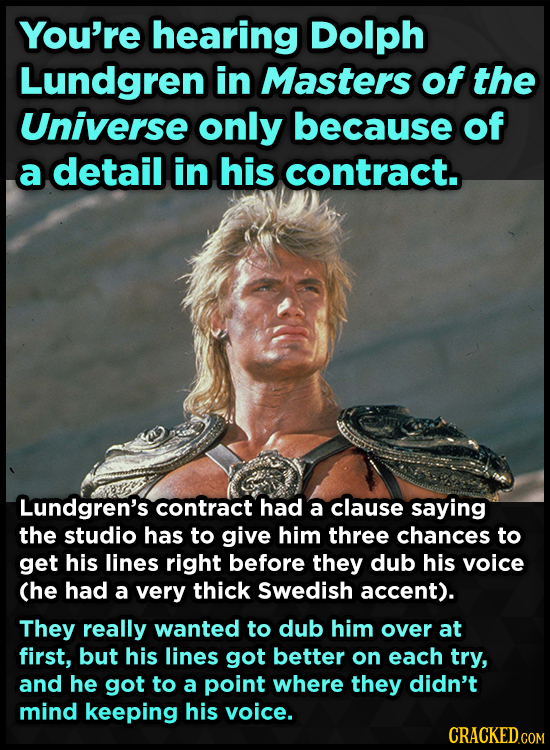 You're hearing Dolph Lundgren in Masters of the Universe only because of a detail in his contract. Lundgren's contract had a clause saying the studio