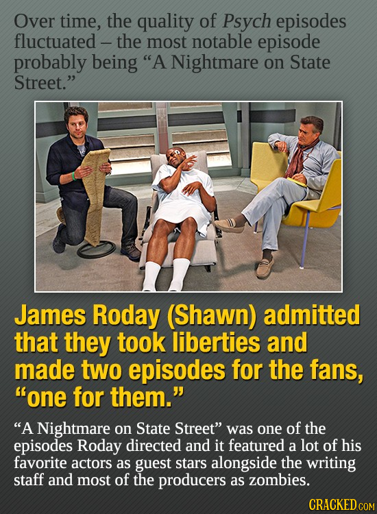 Over time, the quality of Psych episodes fluctuated -the most notable episode probably being A Nightmare on State Street. James Roday (Shawn) admitt