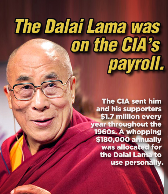 The Dalai Lama was on the CIA's payroll. The CIA sent him and his supporters $1.7 million every year throughout the 1960s. A whopping $180,000 annuall