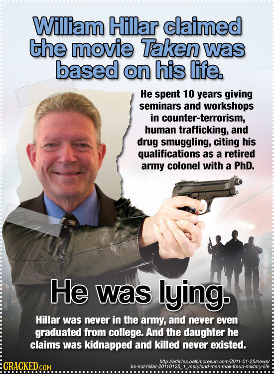 Wiliam Hillar claimed the movie Taken was based on his life. He spent 10 years giving seminars and workshops in counter-terrorism, human trafficking,