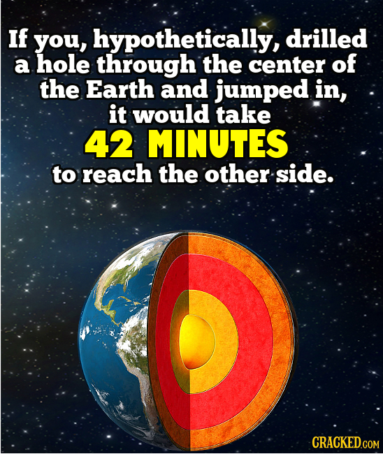 IF you, hypothetically, drilled a hole through the center of the Earth and jumped in, it would take 42 MINUTES to reach the other side. CRACKED.COM 