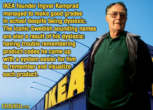 IKEA founder Ingvar Kamprad managed to make good grades in school despite being dyslexic. The iconic Swedish sounding names are also a result of his d