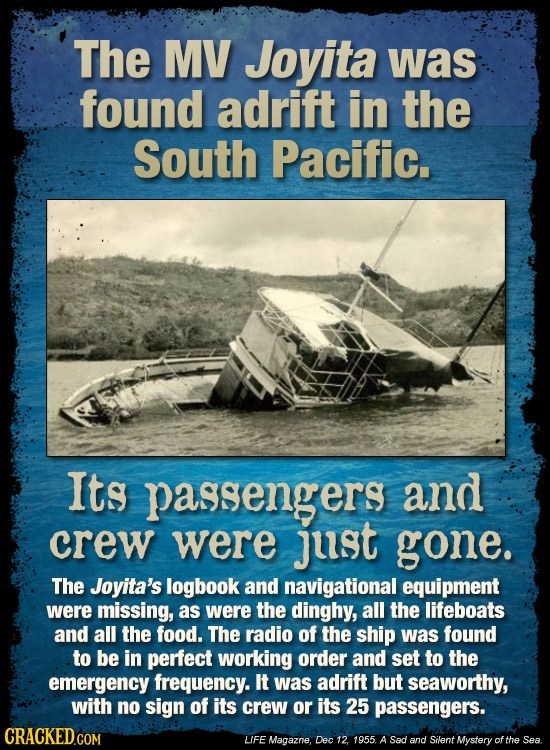 The MV Joyita was found adrift in the South Pacific. Its pagsengers and crew were just gone. The Joyita's logbook and navigational equipment were miss