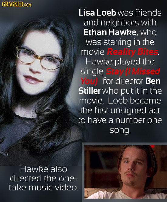 CRACKEDCOR COM Lisa Loeb was friends and neighbors with Ethan Hawke, who was Starring in the movie Reality Bites. Hawke played the single Stay (1 Miss