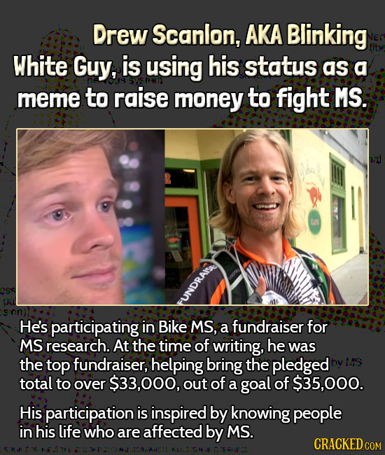 Drew Scanlon, AKA Blinking White Guy, is using his status as a meme to raise money to fight MS. Cw FUNDRAIS He's participating in Bike MS, a fundraise