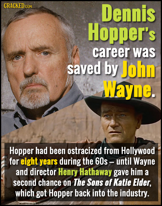 CRACKED COM Dennis Hopper's career was saved by John Wayne. Hopper had been ostracized from Hollywood for eight years during the 60s - until Wayne and