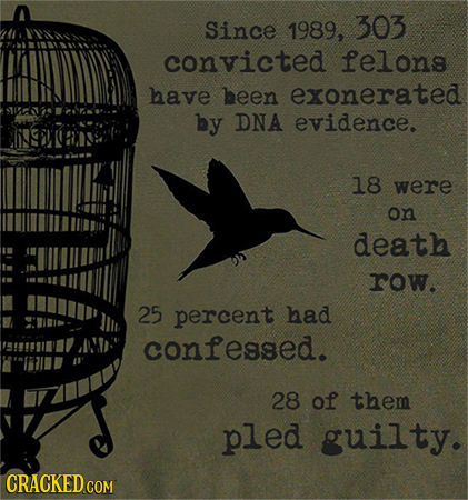 Since 1989, 303 convicted felons have been exonerated by DNA evidence. 18 were on death row. 25 percent had confessed. 28 of them pled guilty. CRACKED