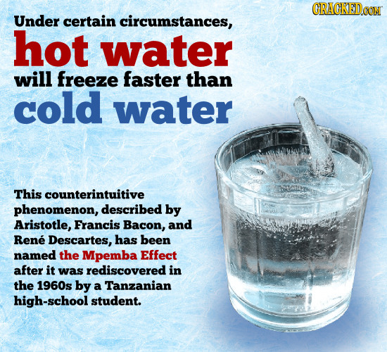 CRACKEDCON Under certain circumstances, hot water will freeze faster than cold water This counterintuitive phenomenon, described by Aristotle, Francis
