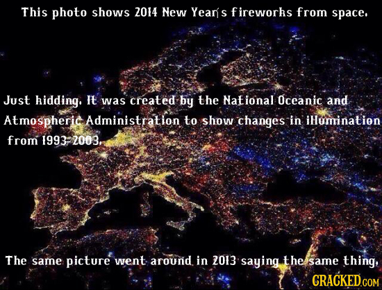 This photo shows 2014 New Yean's fireworhs from space. Just hidding. It was created by the National Oceanic and Atmospheric Administration to show cha