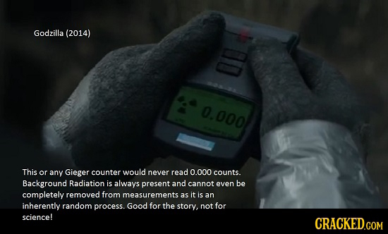 Godzilla (2014) 0 000 This or any Gieger counter would never read 0.000 counts. Background Radiation is always present and cannot even be completely r