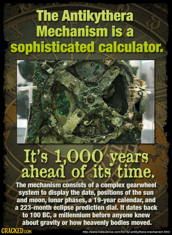 The Antikythera Mechanism is a sophisticated calculator. It's 000 years ahead of its time. The mechanism consists of a complex gearwheel system to dis