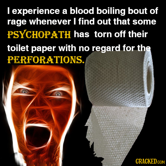 I experience a blood boiling bout of rage whenever I find out that some PSYCHOPATH has torn off their toilet paper with no regard for the PERFORATIONS