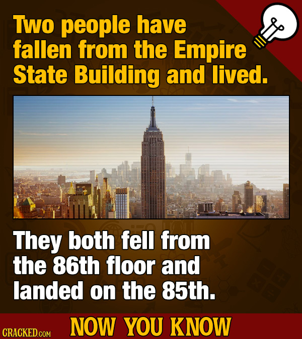 To people have fallen from the Empire State Building and lived. They both fell from the 86th floor and landed on the 85th. NOW YOU KNOW
