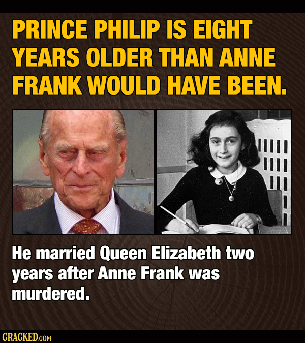 PRINCE PHILIP IS EIGHT YEARS OLDER THAN ANNE FRANK WOULD HAVE BEEN. He married Queen Elizabeth two years after Anne Frank was murdered. CRACKED.COM