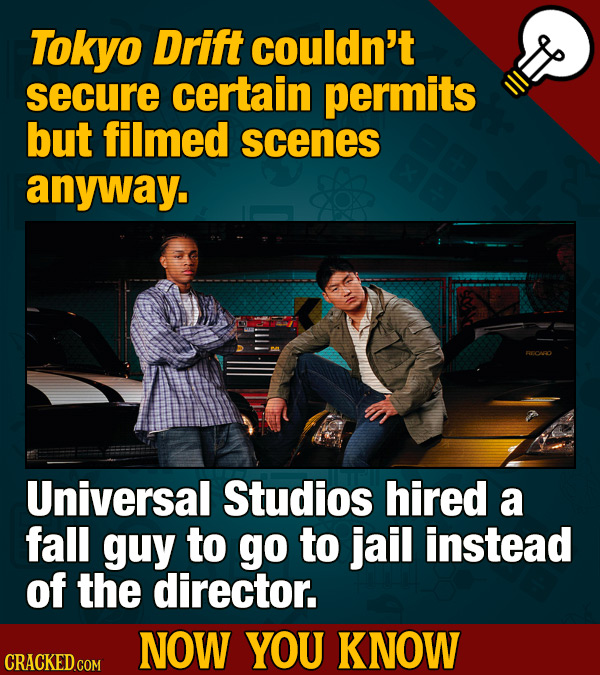 Tokyo Drift couldn't secure certain permits but filmed scenes anyway. Universal Studios hired a fall guy to go to jail instead of the director. NOW YO