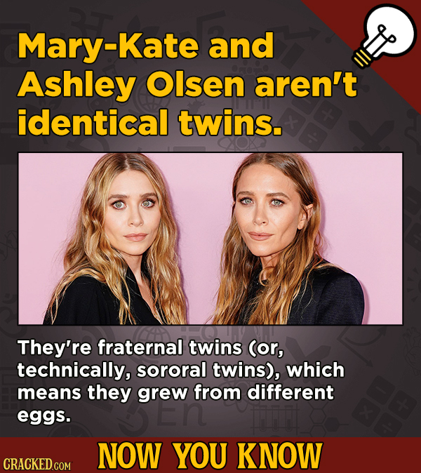 Now You Know: 13 Facts That’ll Exert The Old Cerebellum 
 - Mary-Kate and Ashley Olsen aren't identical twins.