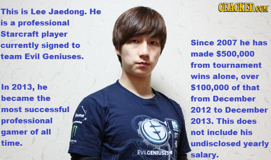 GRACKEDOG This is Lee Jaedong. He CONT is a professional Starcraft player Since 2007 he has currently signed to team Evil Geniuses. made $500,000 from