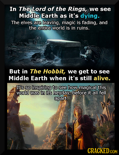 In The Lord of the Rings, we see Middle Earth as it's dying. The elves are leaving, magic is fading, and the entire world is in ruins. But in The Hobb