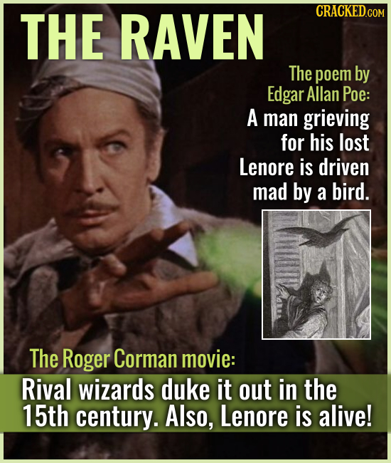 THE RAVEN The poem by Edgar Allan Poe: A man grieving for his lost Lenore is driven mad by a bird. The Roger Corman movie: Rival wizards duke it out i