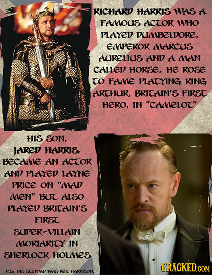 RICHARD HARRIS WAS A FAOUS ACTOR WHO PLAYED DUMMBELDORE, Eperor DARCUS AURELIUS AND A MMAN CALLED HORSE. HE ROSe TO FAME PLATYING KING AKCHUR BRICAIN'