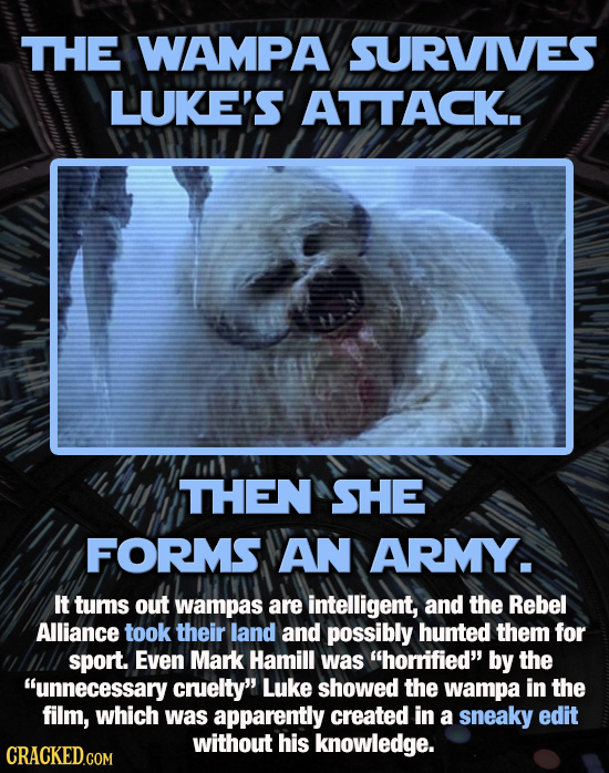 THE WAMPA SURVIVES LUKE'S ATTACK. THEN SHE FORMS AN ARMY. It tums out wampas are intelligent, and the Rebel Alliance took their land and possibly hunt