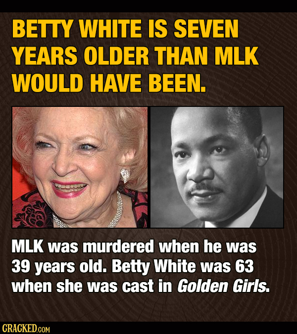 BETTY WHITE IS SEVEN YEARS OLDER THAN MLK WOULD HAVE BEEN. MLK was murdered when he was 39 years old. Betty White was 63 when she was cast in Golden G