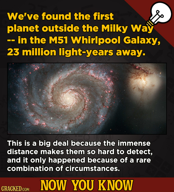 Now You Know: 13 Facts That’ll Exert The Old Cerebellum
- We've found the first planet outside the Milky Way -- in the M51 Whirlpool Galaxy,